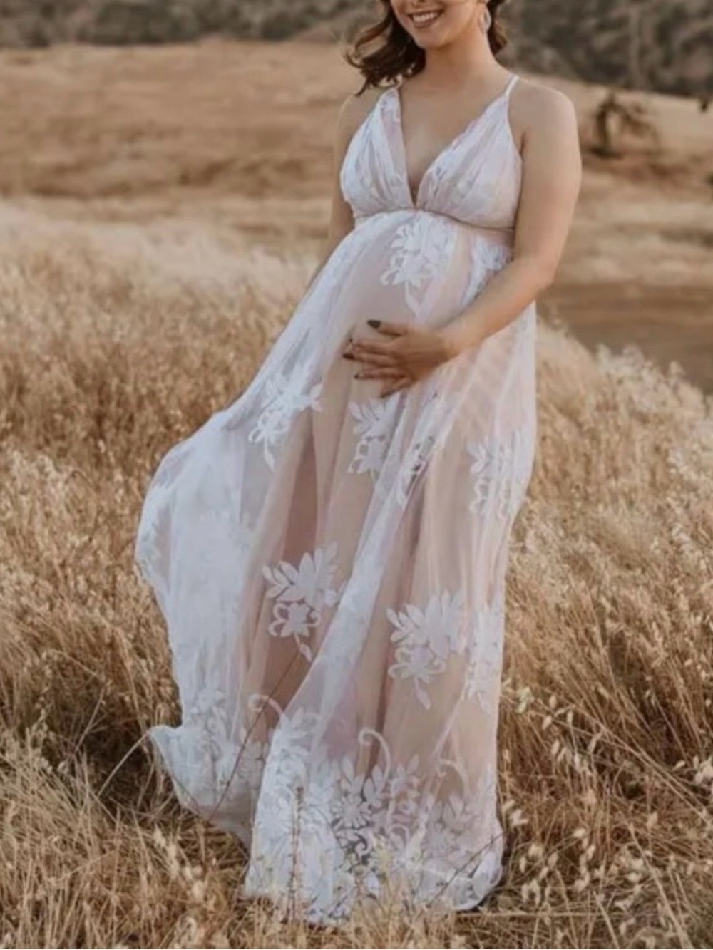 Sheer Lace Maternity Maxi Dress in White